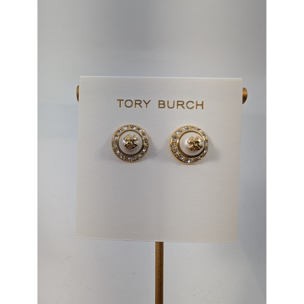 Tory Burch Natalie Faux Pearl Stud Earrings Gold Tone Logo Crystal Halo Round